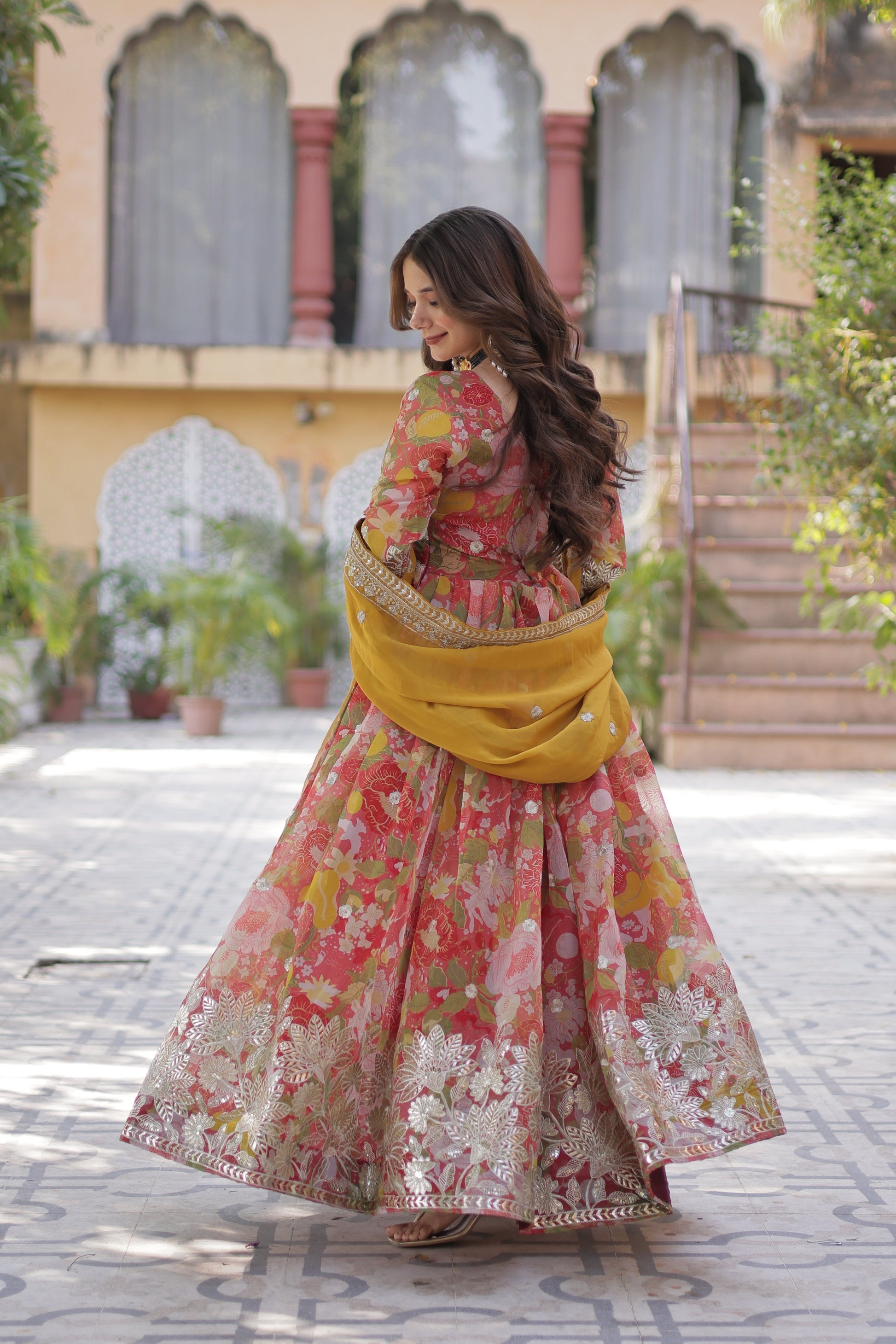 Red silk Anarkali gown set for women with dupatta, digital printed Russian silk gown with zari, sequins, and foil embroidery, full sleeve Alia cut gown, traditional Indian wedding guest dress, festive party wear Anarkali gown with lace bordered dupatta, premium stitched ethnic gown for Diwali, Eid, and engagement, modern ethnic fashion for women 2025.