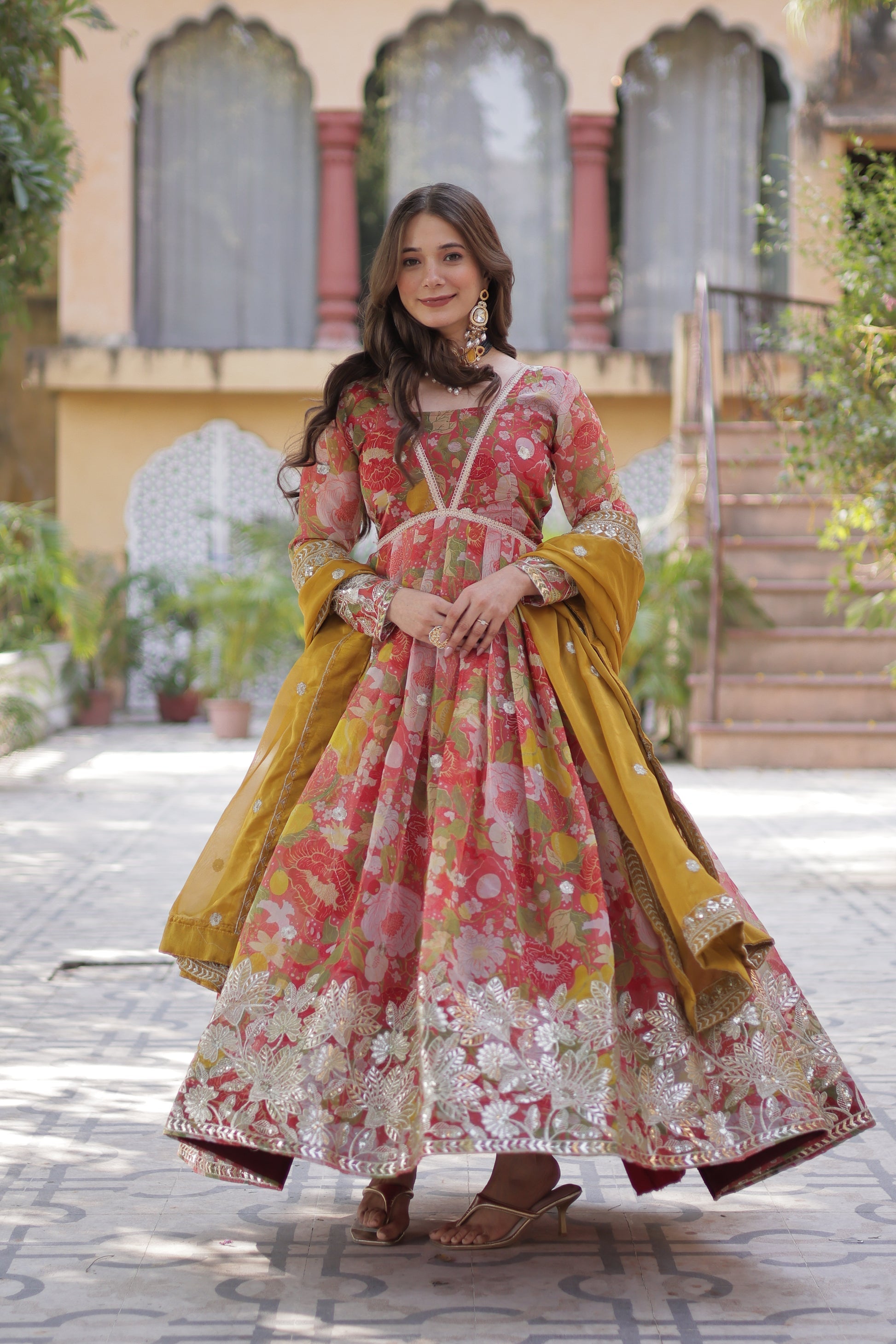 Red silk Anarkali gown set for women with dupatta, digital printed Russian silk gown with zari, sequins, and foil embroidery, full sleeve Alia cut gown, traditional Indian wedding guest dress, festive party wear Anarkali gown with lace bordered dupatta, premium stitched ethnic gown for Diwali, Eid, and engagement, modern ethnic fashion for women 2025.