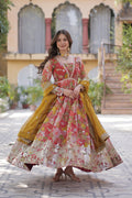 Red silk Anarkali gown set for women with dupatta, digital printed Russian silk gown with zari, sequins, and foil embroidery, full sleeve Alia cut gown, traditional Indian wedding guest dress, festive party wear Anarkali gown with lace bordered dupatta, premium stitched ethnic gown for Diwali, Eid, and engagement, modern ethnic fashion for women 2025.