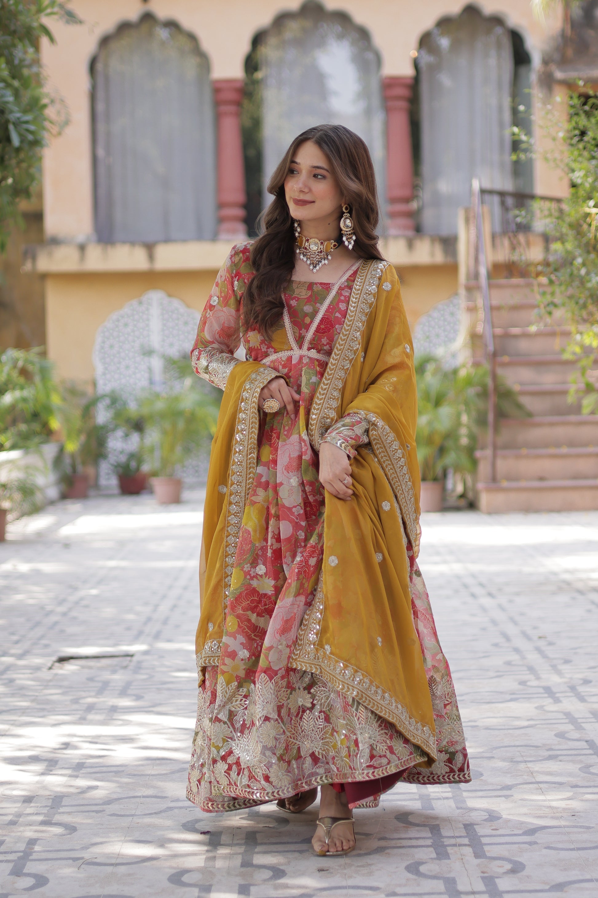 Red silk Anarkali gown set for women with dupatta, digital printed Russian silk gown with zari, sequins, and foil embroidery, full sleeve Alia cut gown, traditional Indian wedding guest dress, festive party wear Anarkali gown with lace bordered dupatta, premium stitched ethnic gown for Diwali, Eid, and engagement, modern ethnic fashion for women 2025.