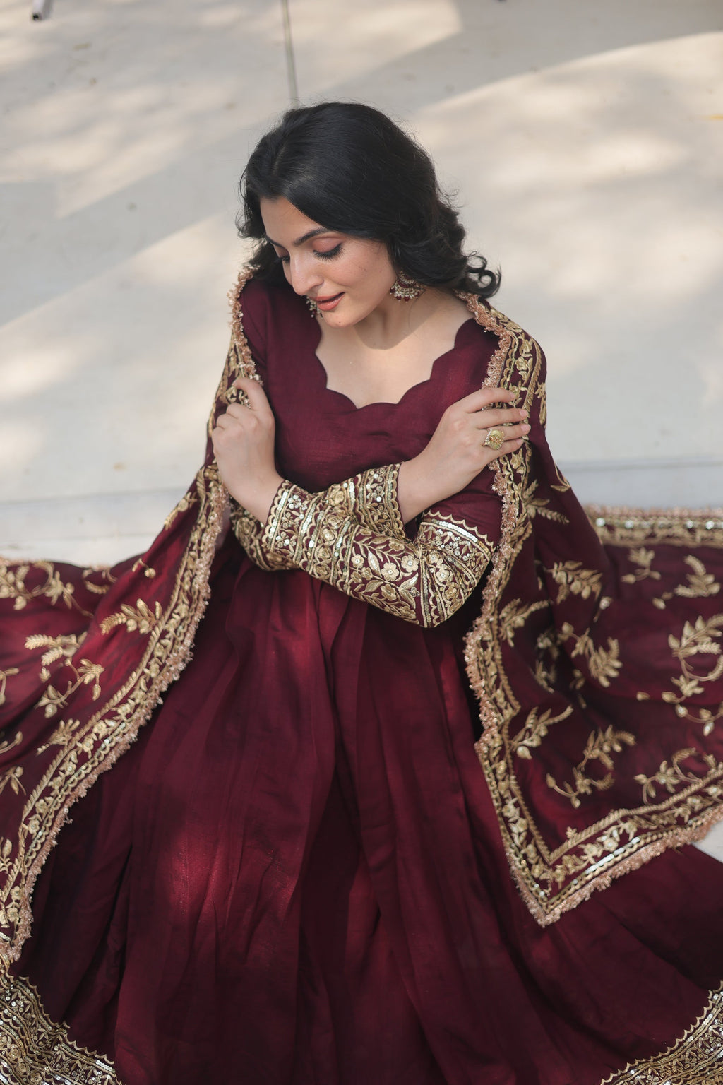 Maroon embroidered Savi designer flared Anarkali gown