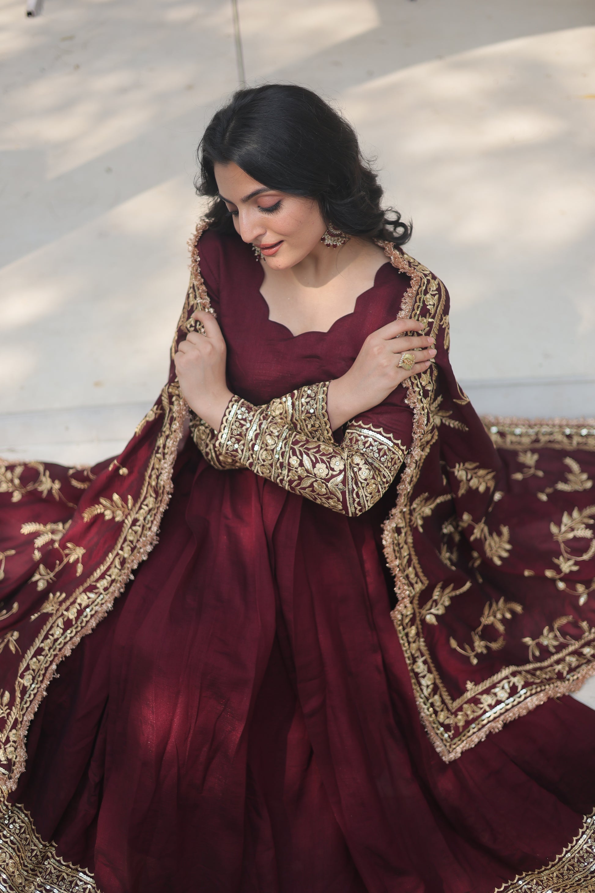 Maroon embroidered Savi designer flared Anarkali gown