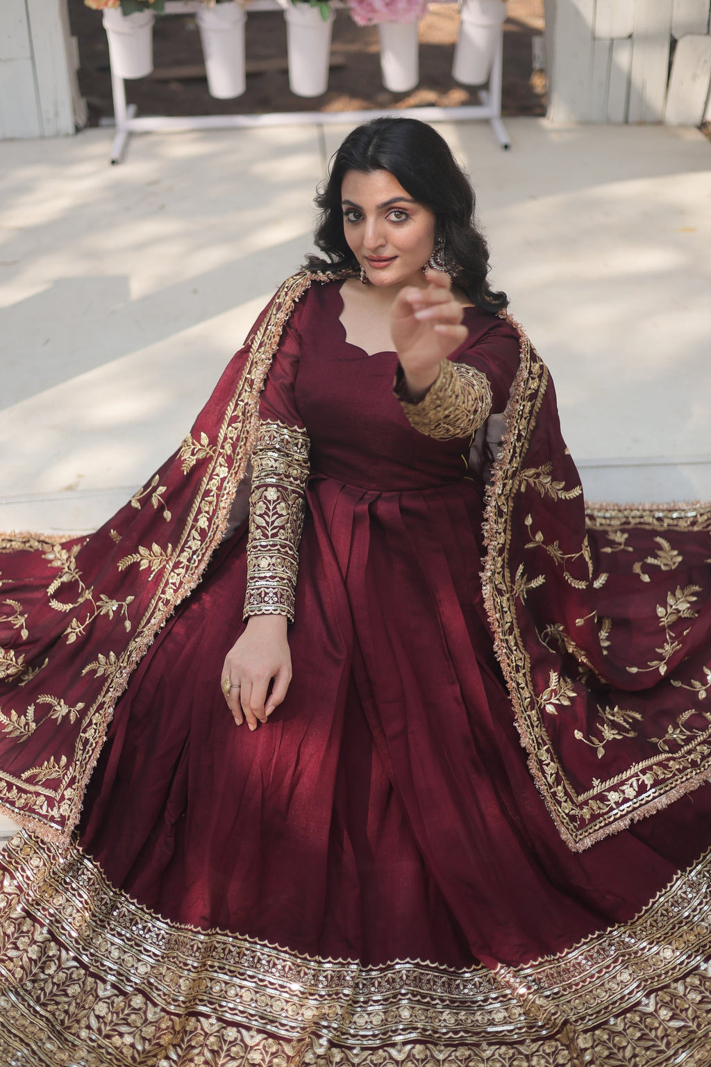 Maroon embroidered Savi designer flared Anarkali gown