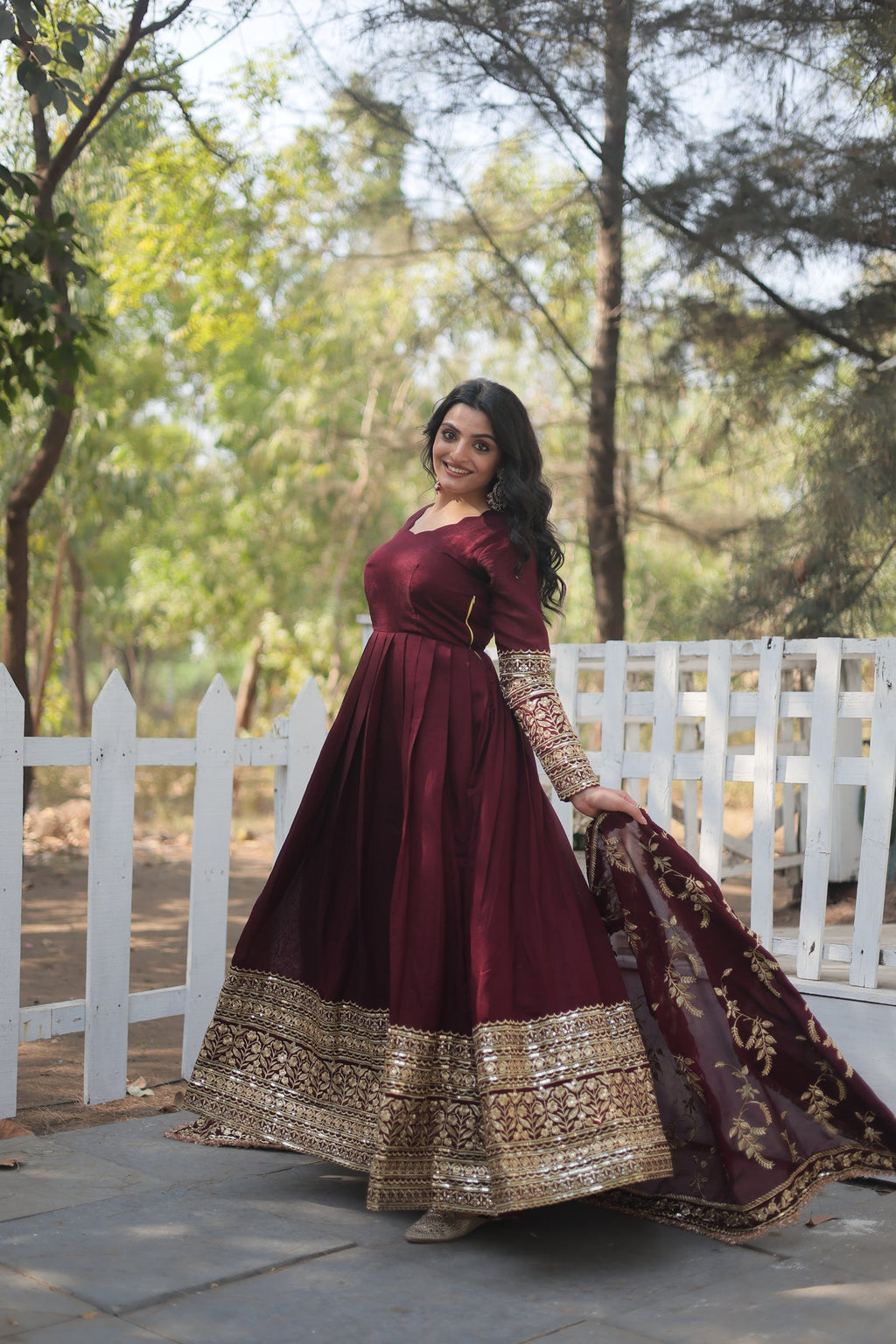 Maroon embroidered Savi designer flared Anarkali gown