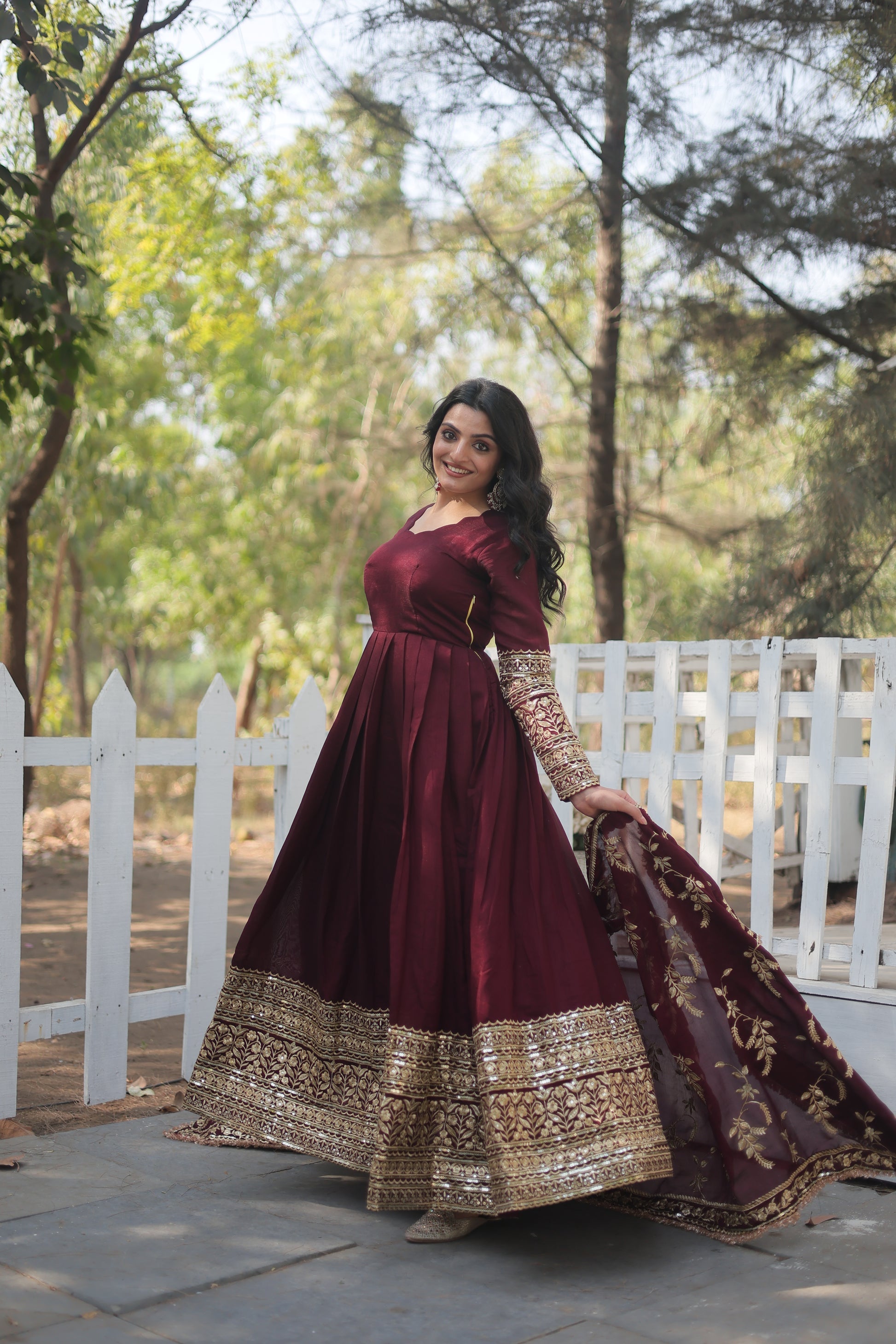 Maroon embroidered Savi designer flared Anarkali gown
