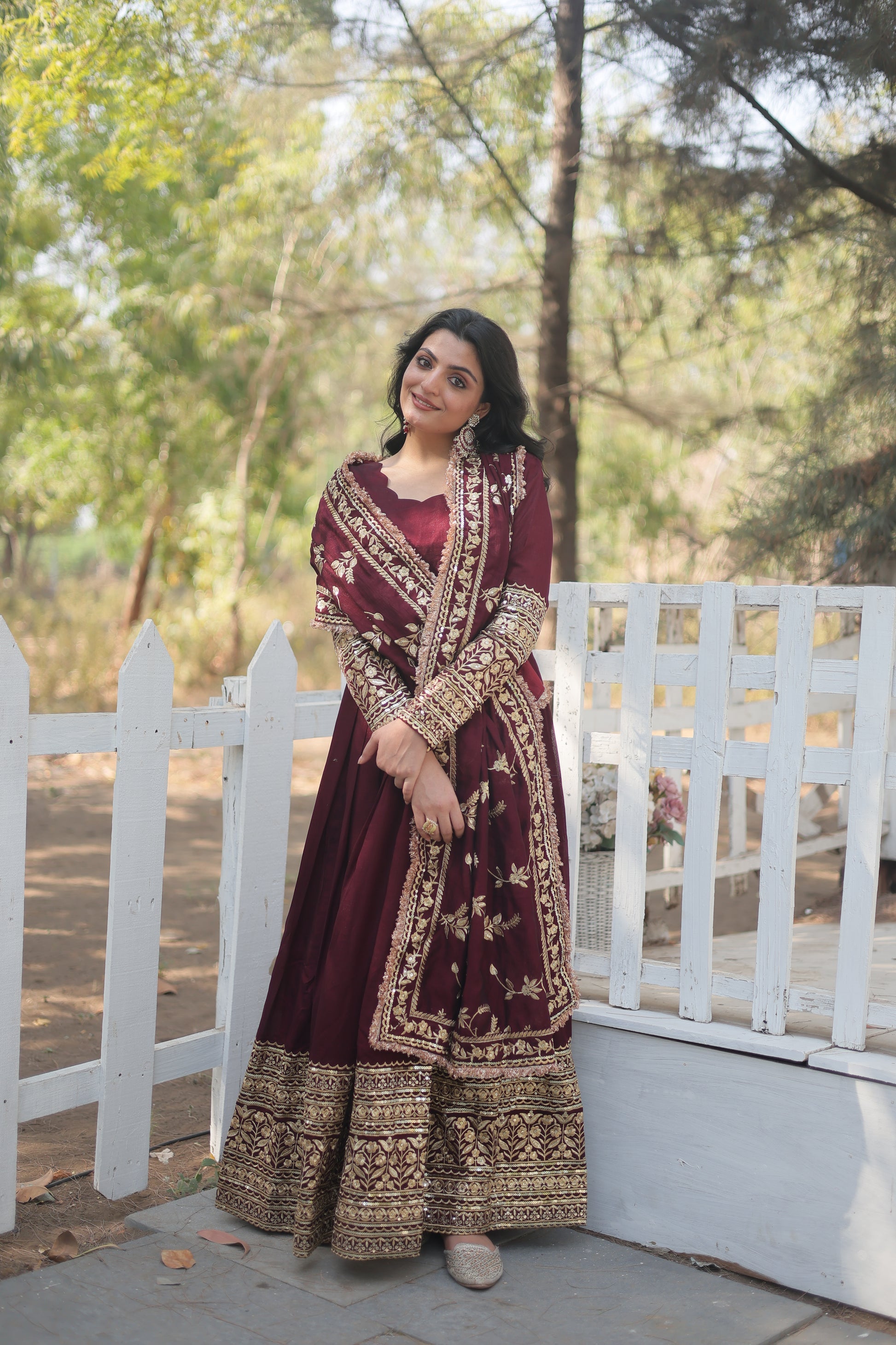 Maroon embroidered Savi designer flared Anarkali gown
