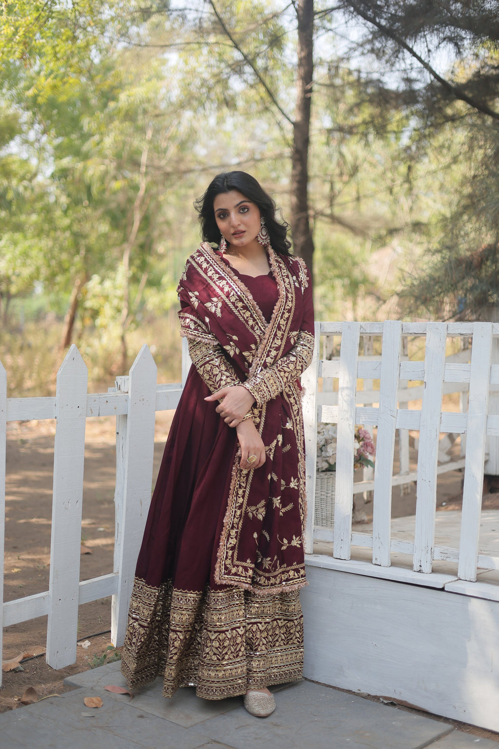 Maroon embroidered Savi designer flared Anarkali gown