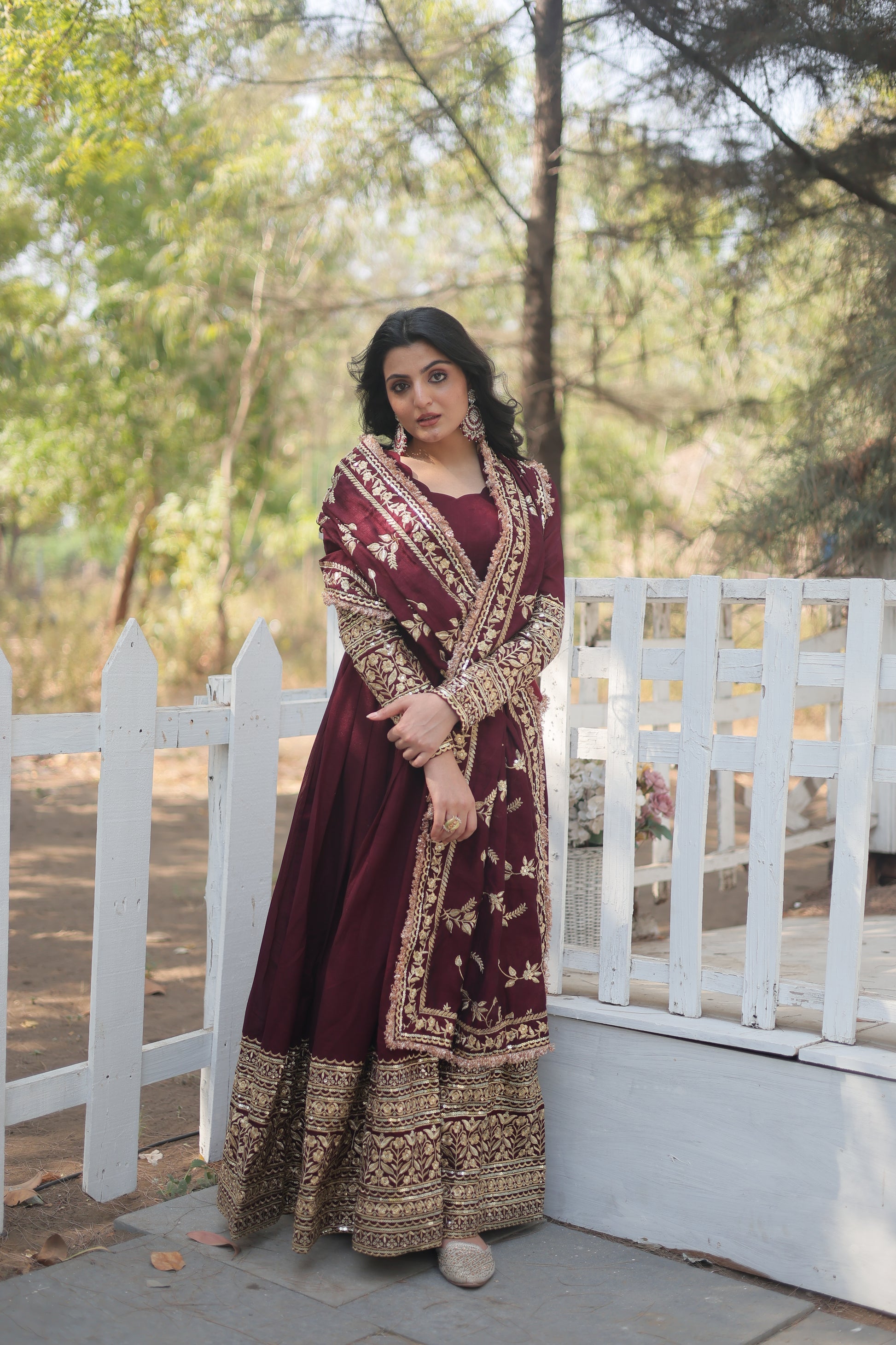 Maroon embroidered Savi designer flared Anarkali gown