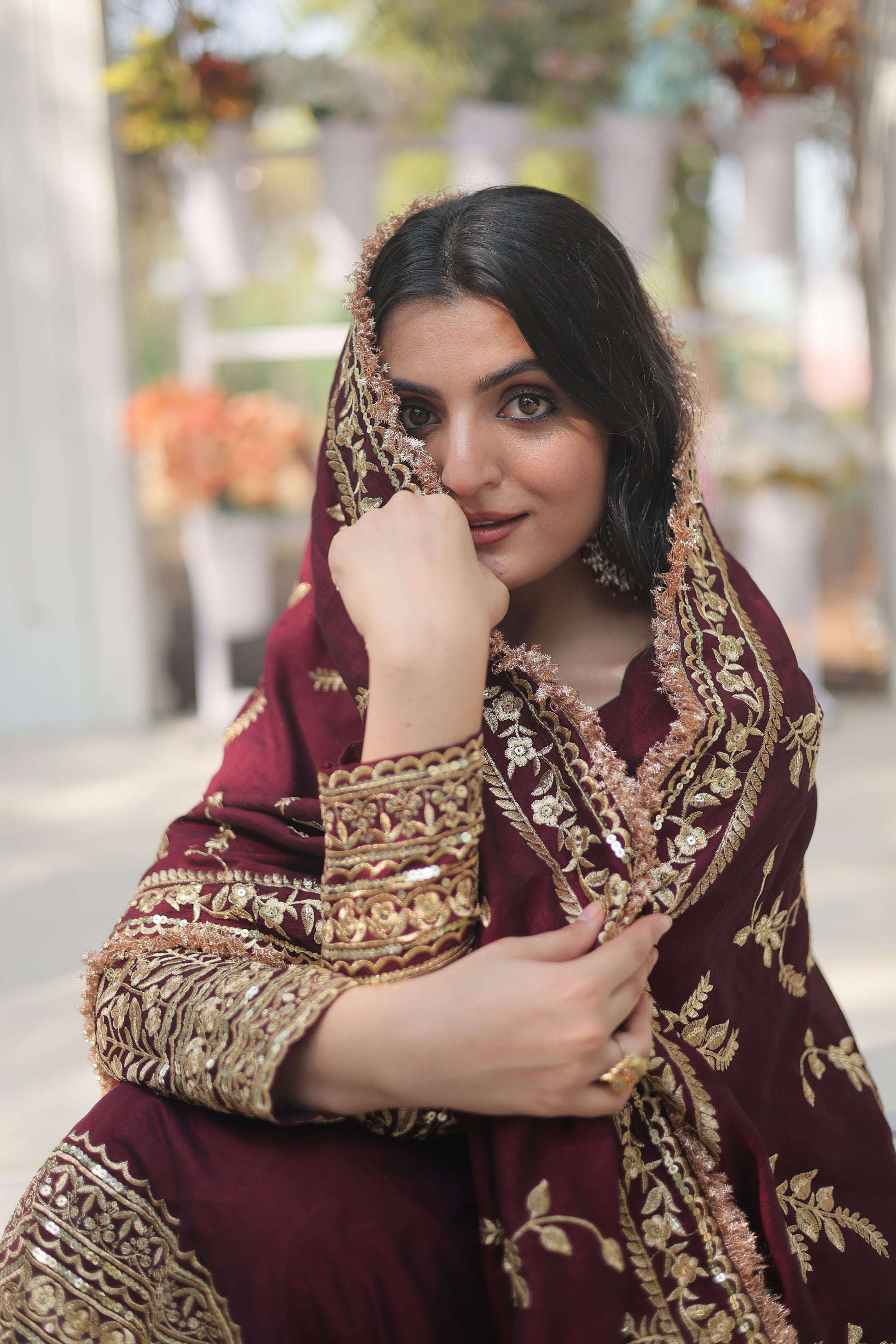 Maroon embroidered Savi designer flared Anarkali gown