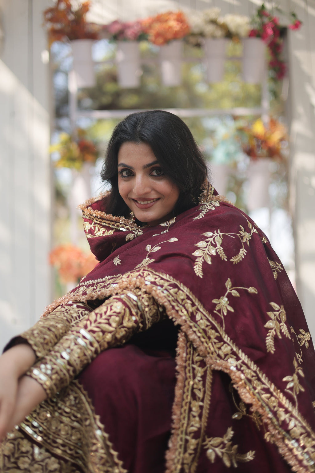 Maroon embroidered Savi designer flared Anarkali gown