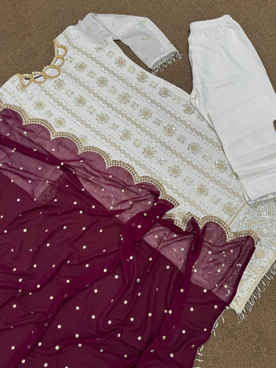 Rati white georgette embroidered kurti set