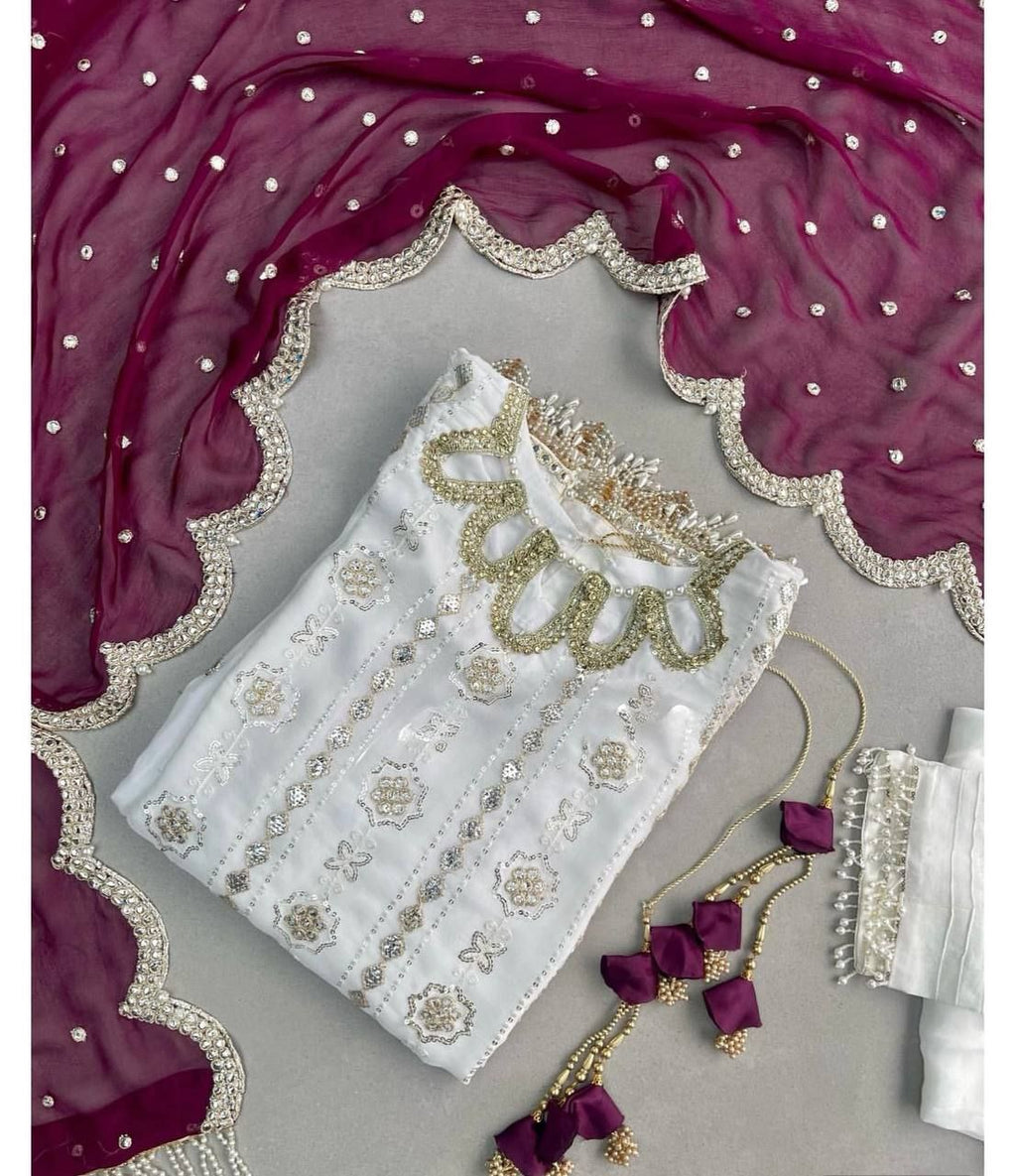 Rati white georgette embroidered kurti set