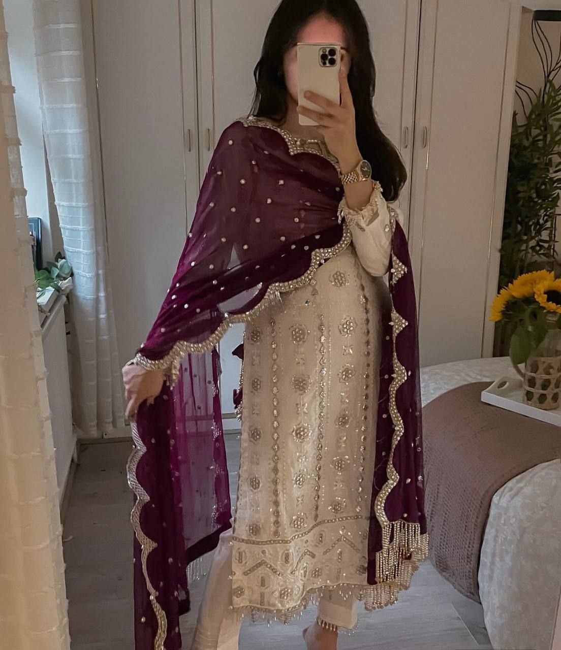 Rati white georgette embroidered kurti set