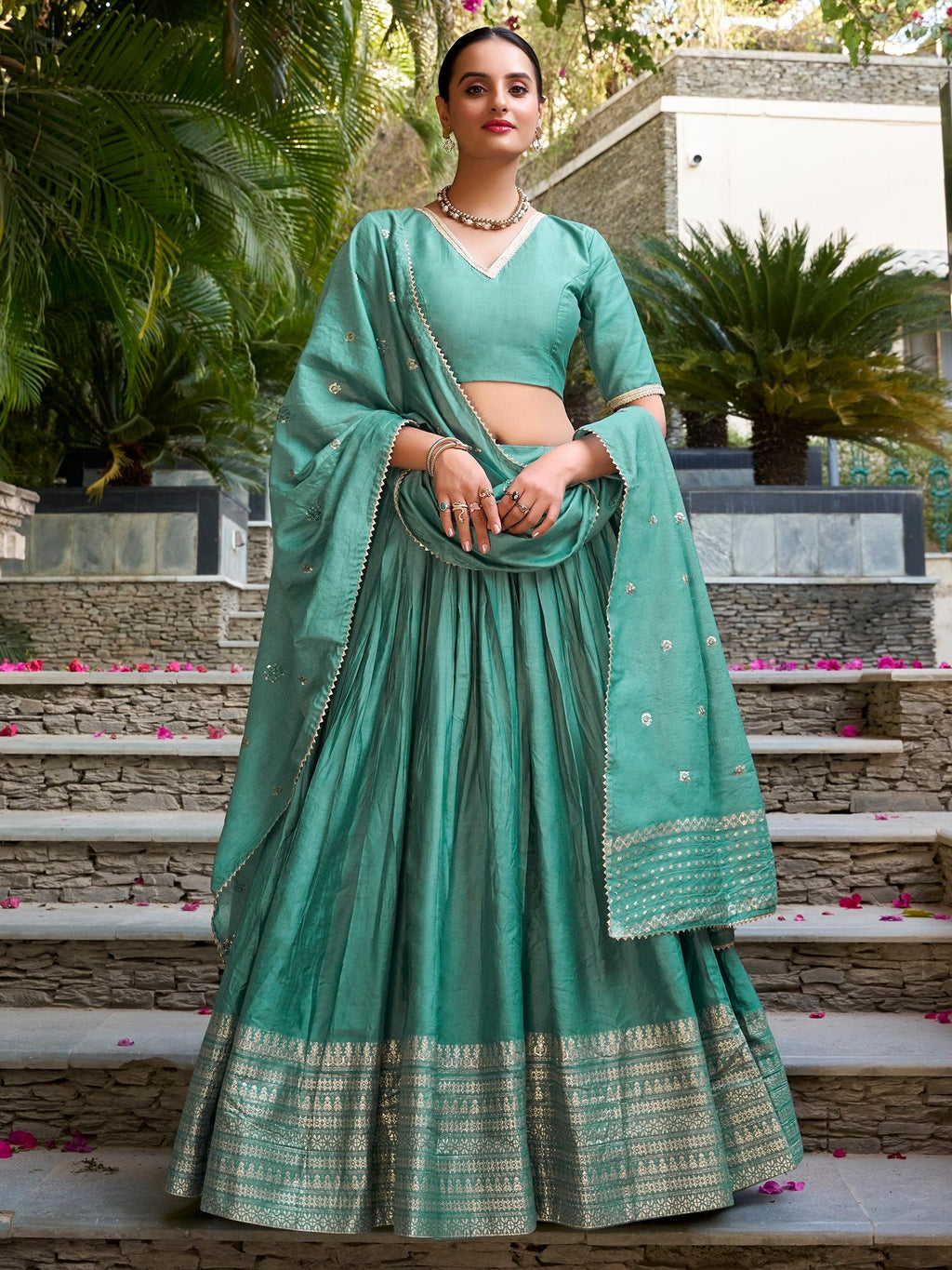 Sea green pure chanderi lehenga choli with plain zari weaving