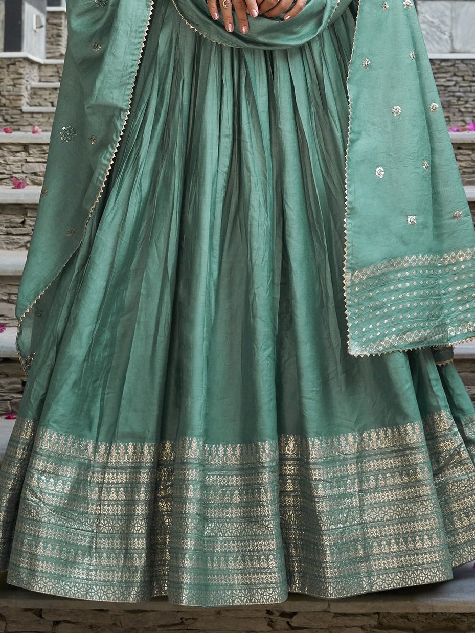 Sea green pure chanderi lehenga choli with plain zari weaving