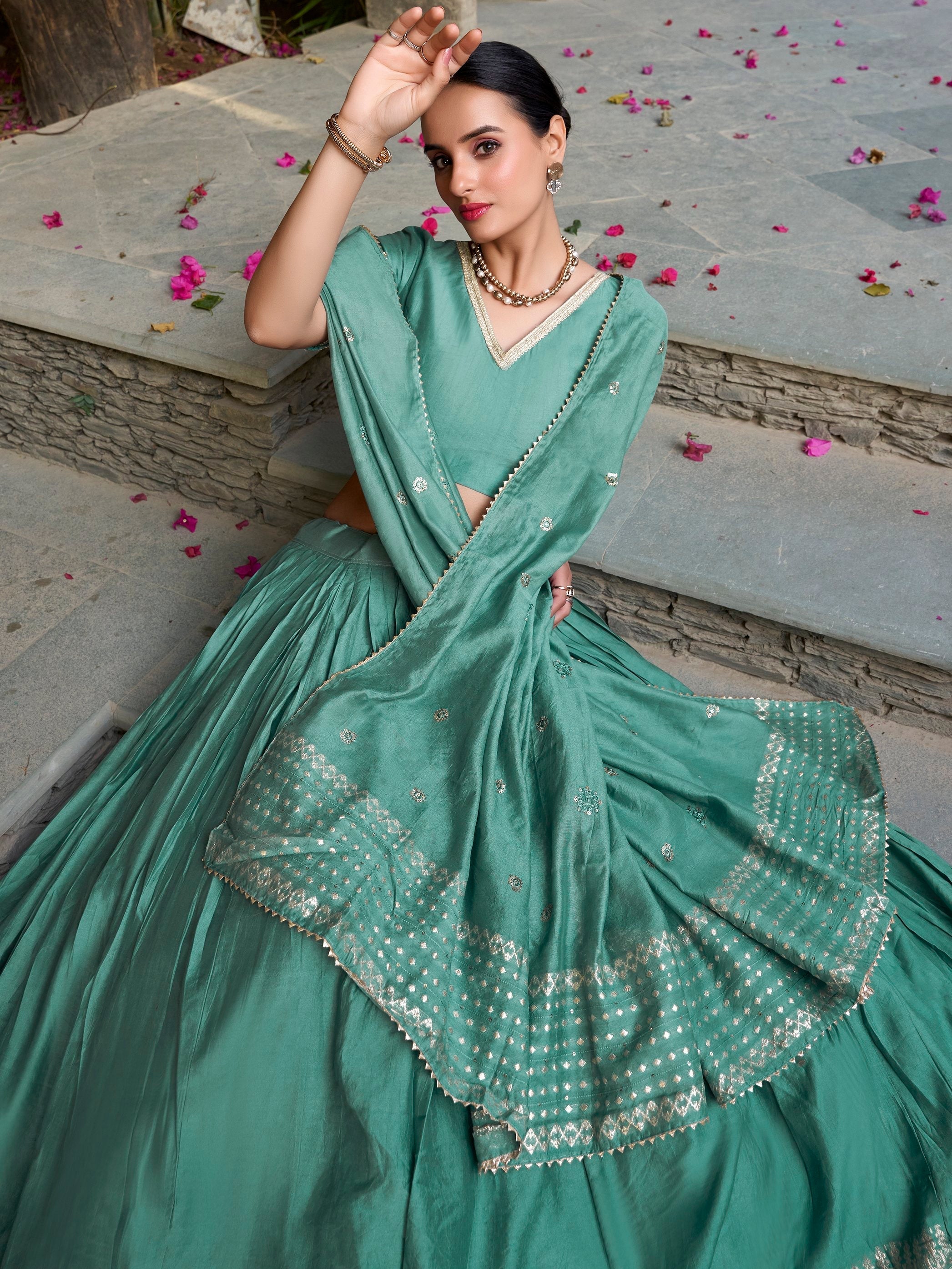 Sea green pure chanderi lehenga choli with plain zari weaving