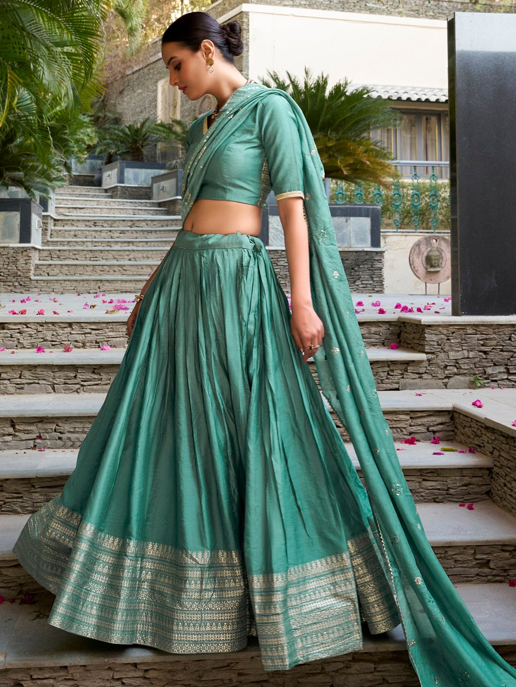 Sea green pure chanderi lehenga choli with plain zari weaving