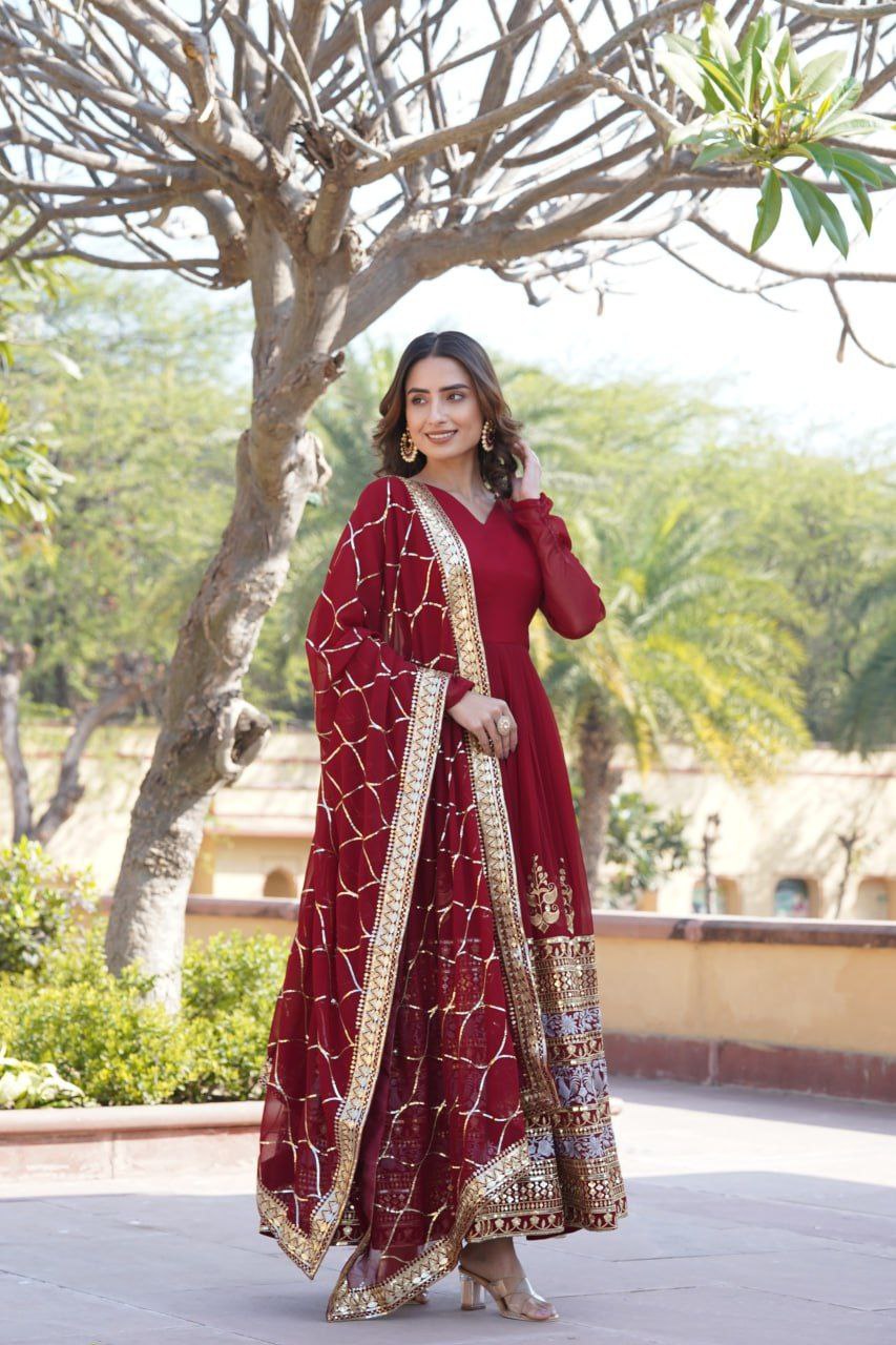 Anagha maroon georgette embroidered anarkali gown set
