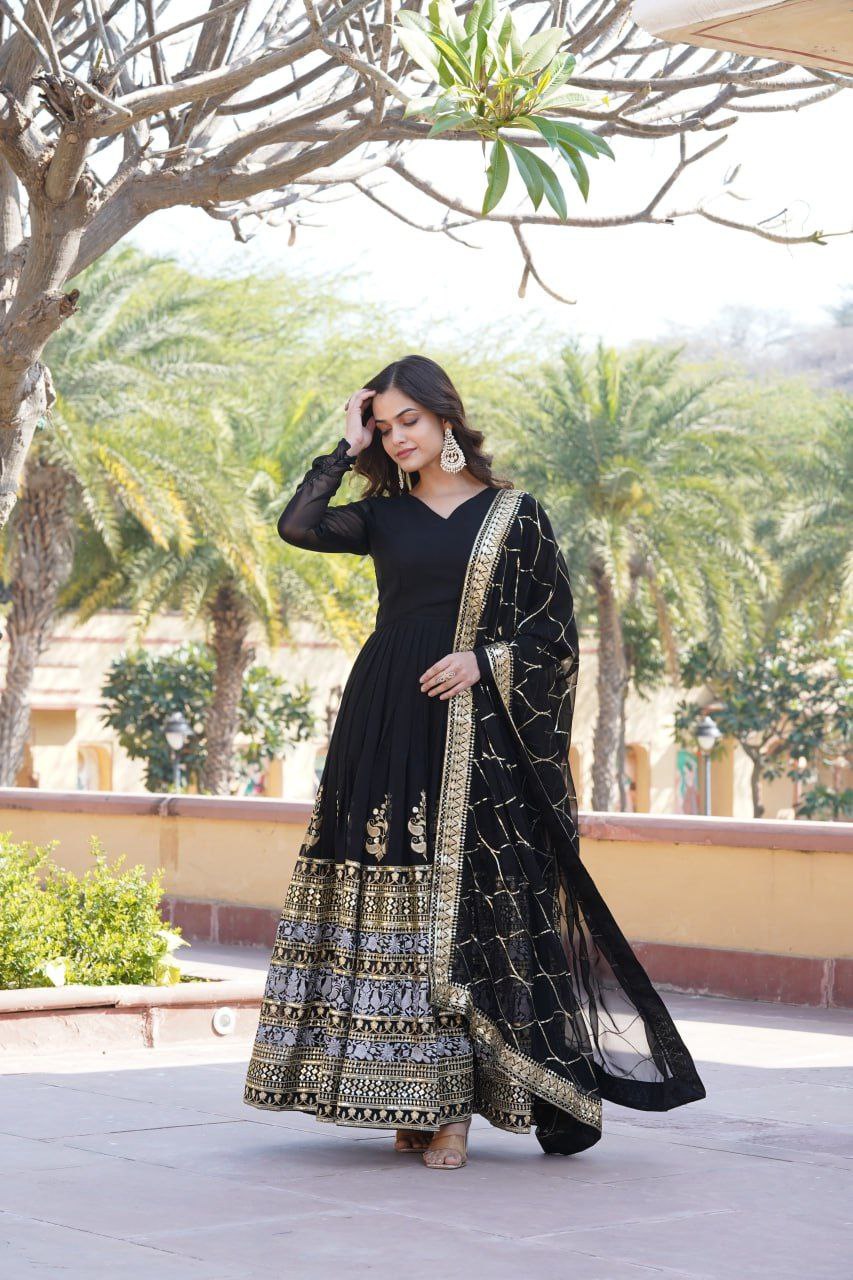 Anagha black georgette embroidered anarkali gown set