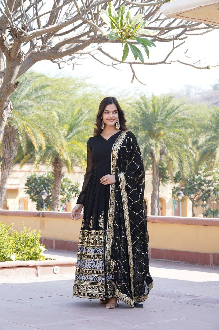 Anagha black georgette embroidered anarkali gown set