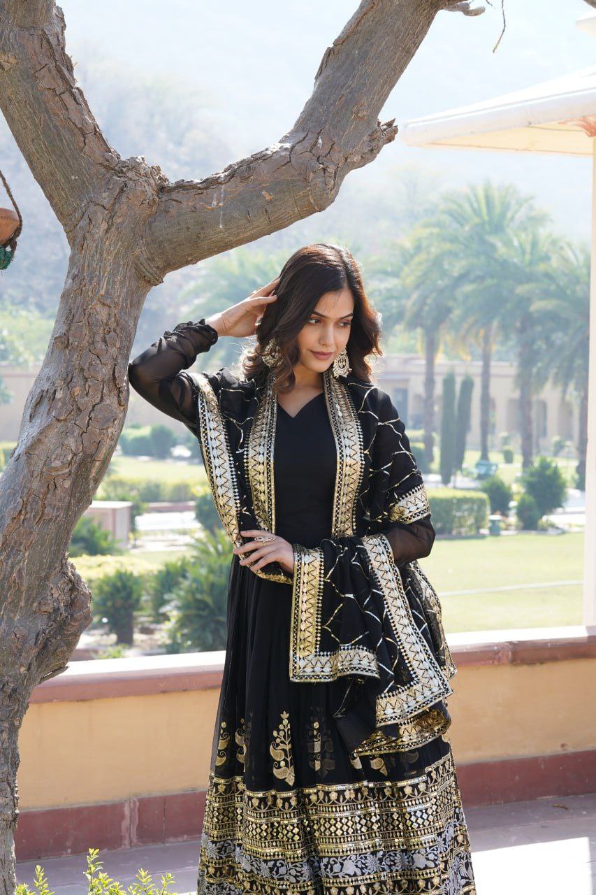 Anagha black georgette embroidered anarkali gown set