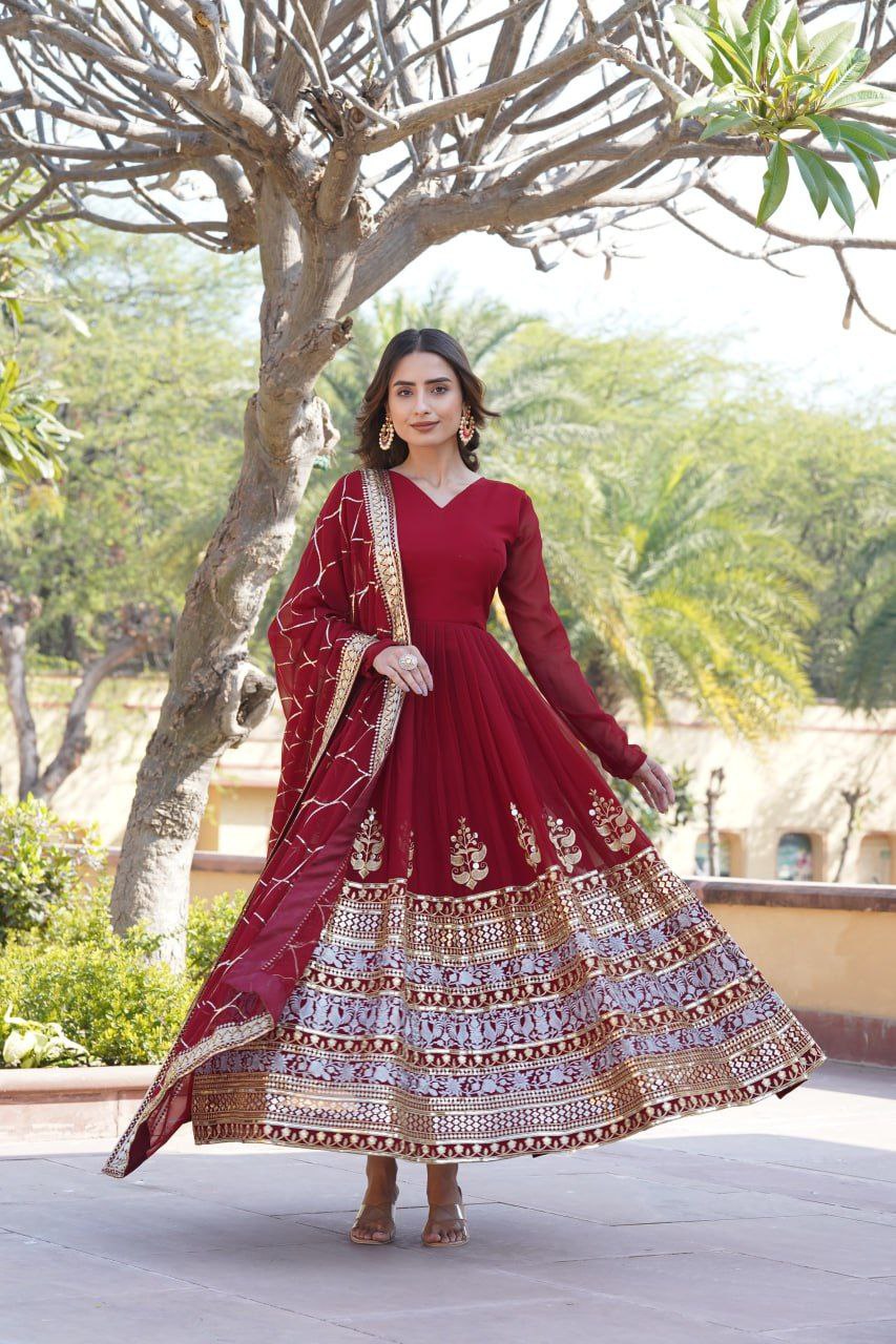 Anagha maroon georgette embroidered anarkali gown set