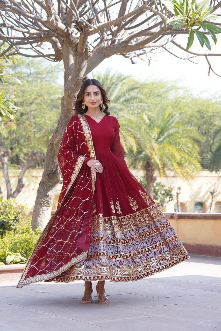 Anagha maroon georgette embroidered anarkali gown set
