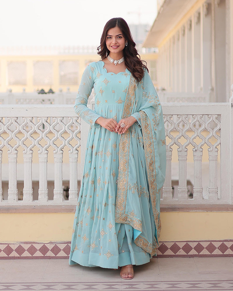 Blue georgette embroidered Sevya designer Anarkali gown
