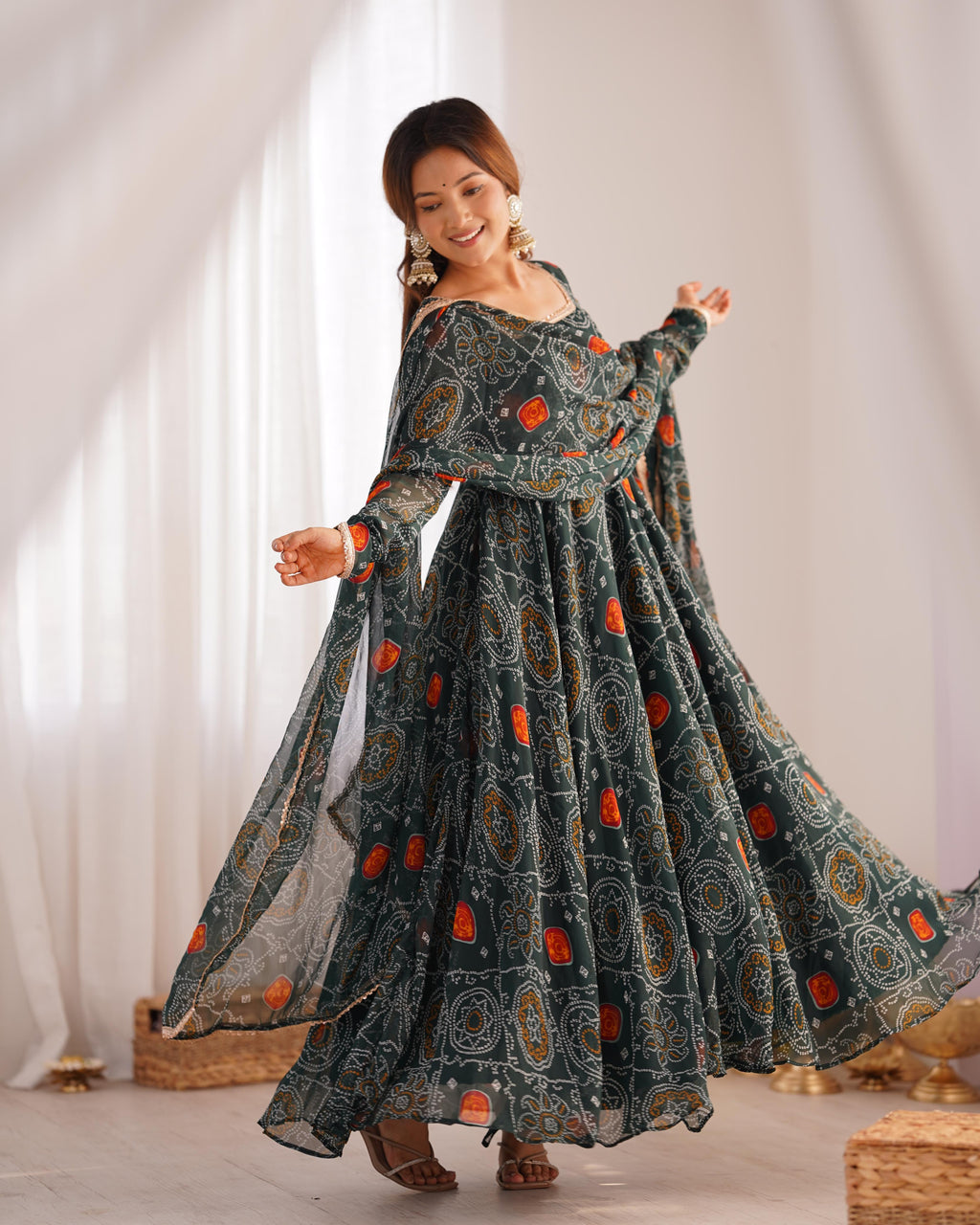Shanvi bandhej chiffon printed flair green anarkali suit set