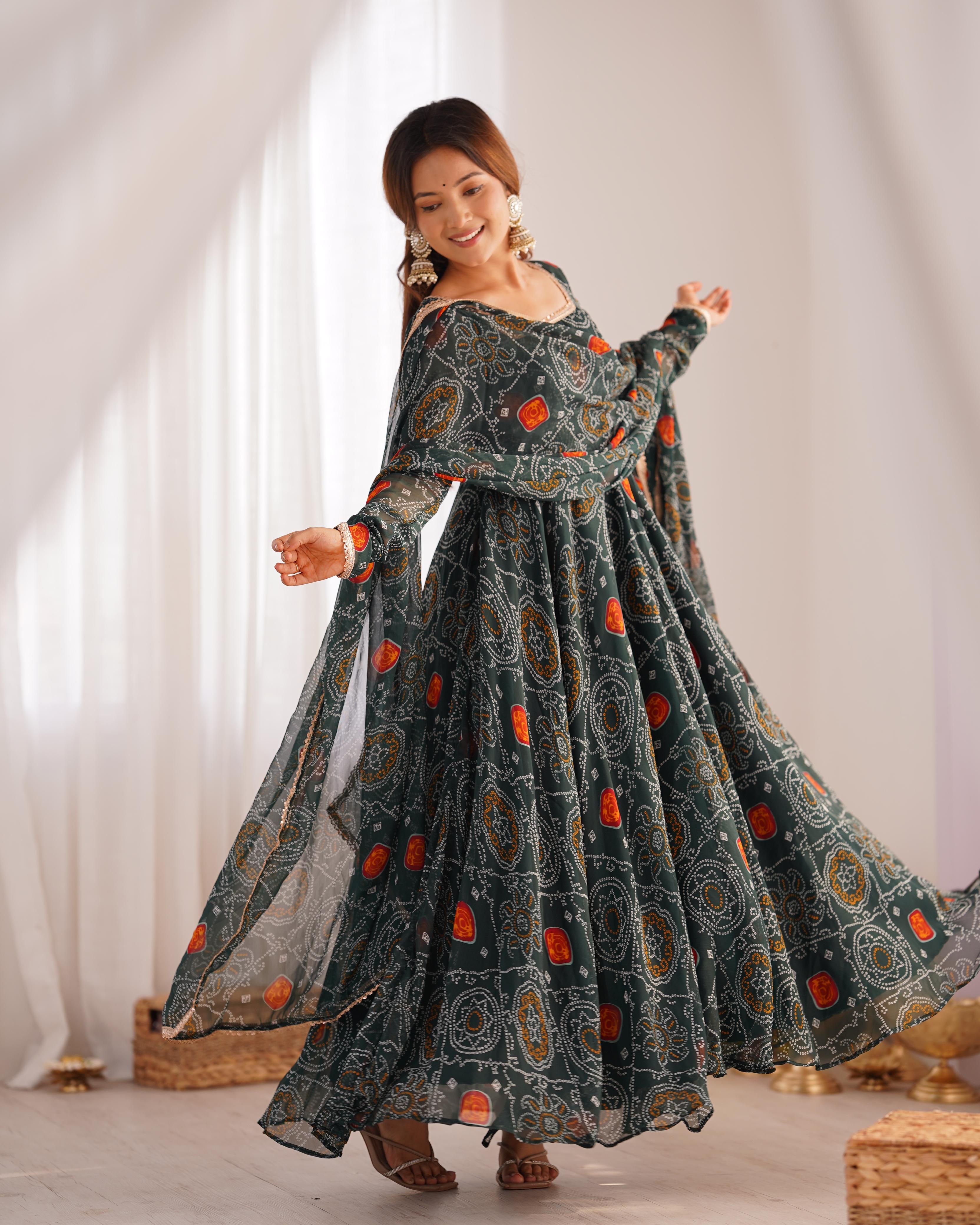 Shanvi bandhej chiffon printed flair green anarkali suit set