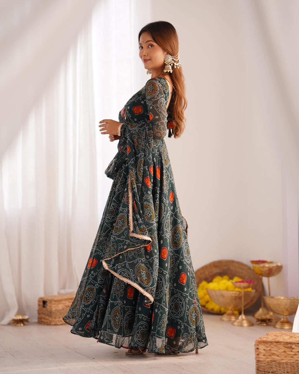 Shanvi bandhej chiffon printed flair green anarkali suit set