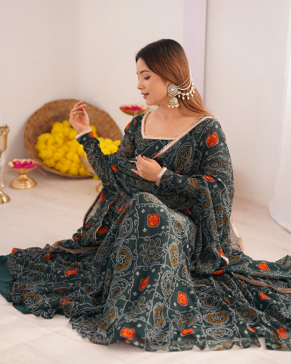 Shanvi bandhej chiffon printed flair green anarkali suit set