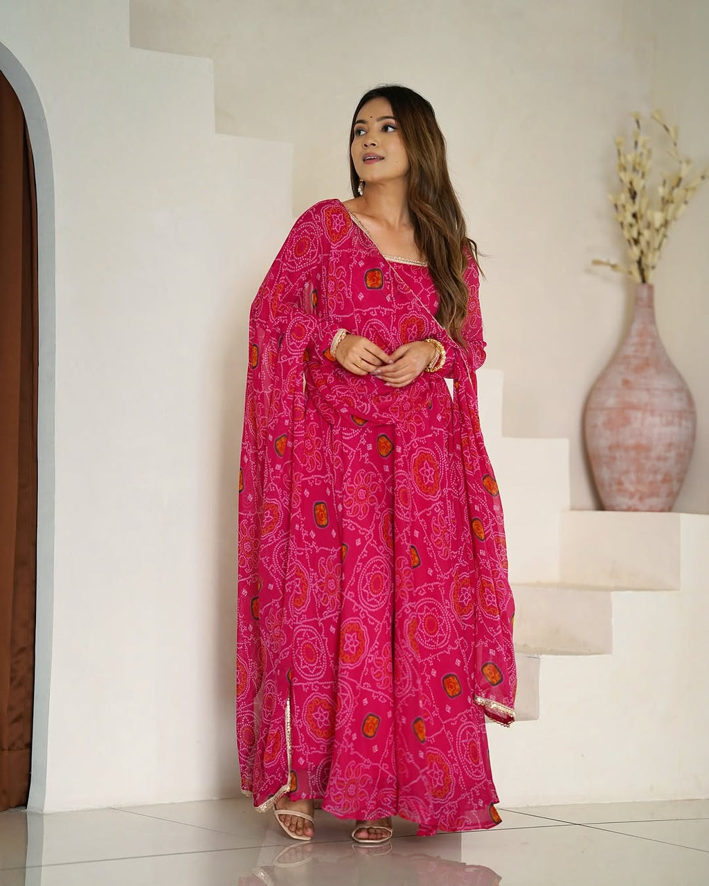 Shanvi Bandhej Chiffon Printed Flair Pink Anarkali Suit Set