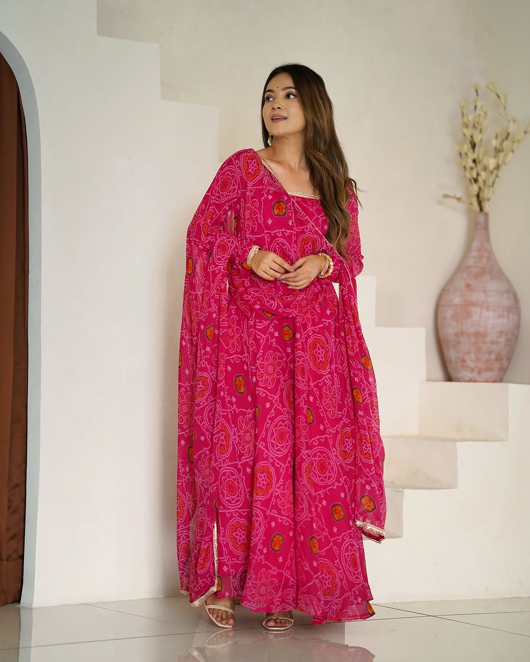 Shanvi Bandhej Chiffon Printed Flair Pink Anarkali Suit Set