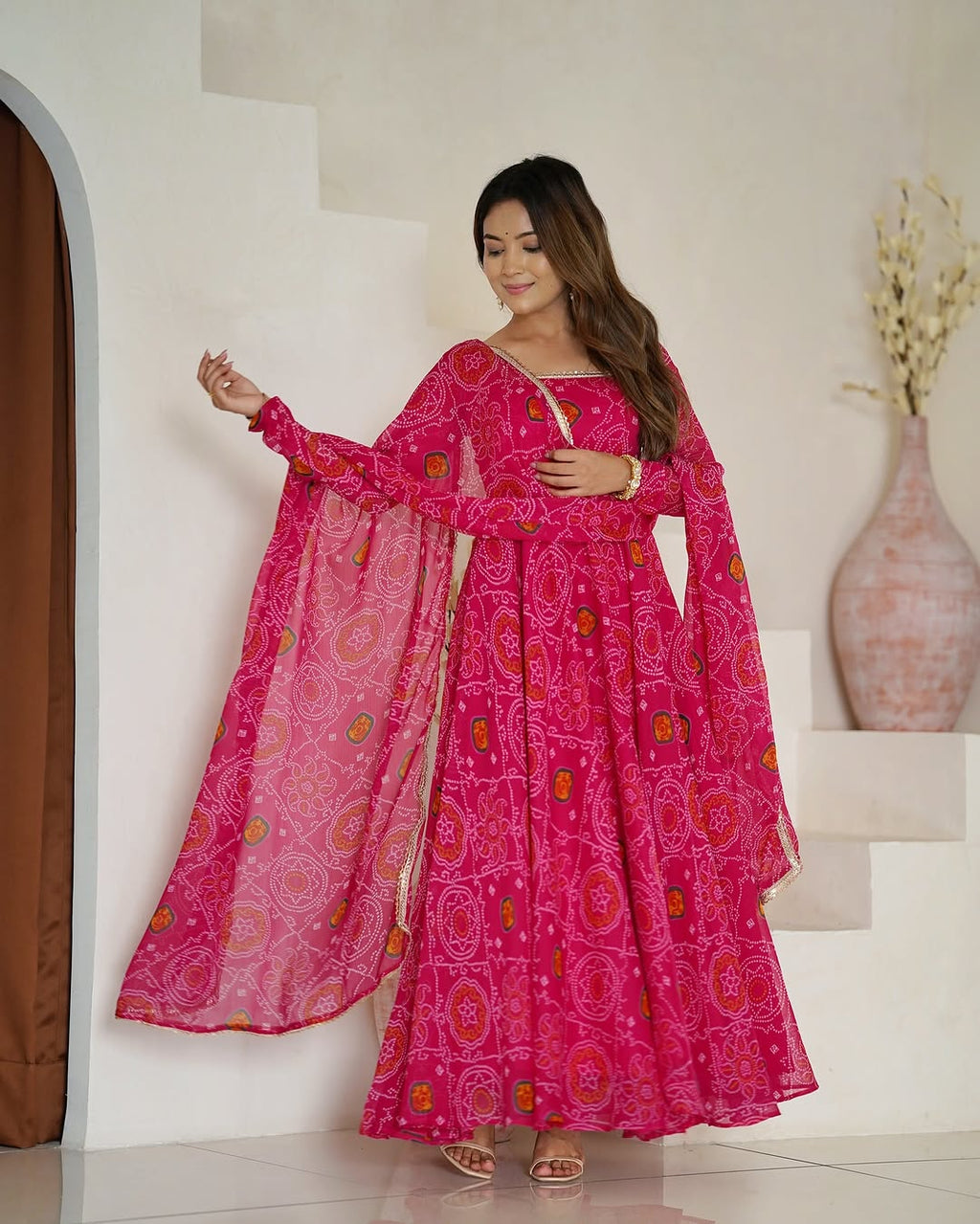 Shanvi Bandhej Chiffon Printed Flair Pink Anarkali Suit Set