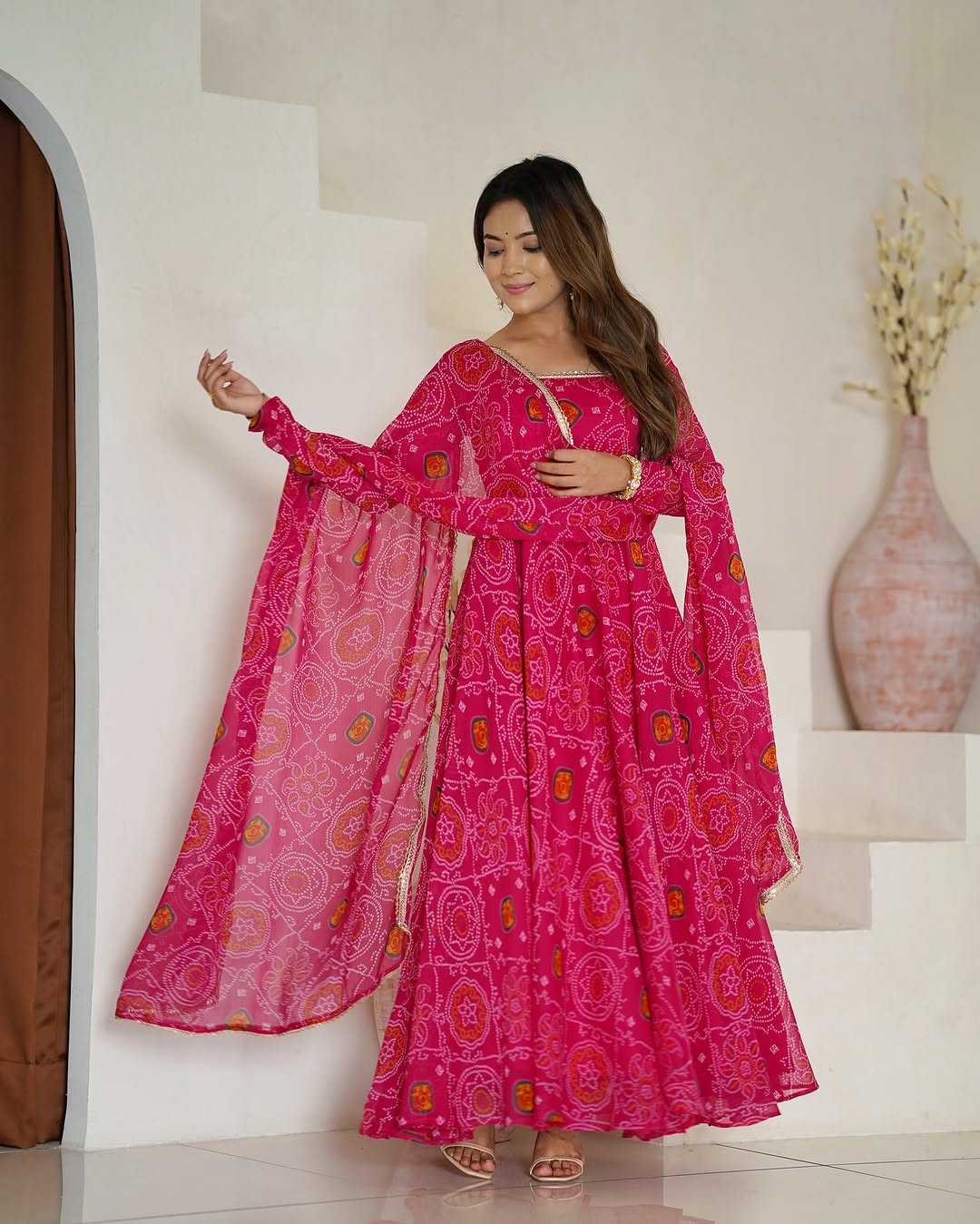 Shanvi Bandhej Chiffon Printed Flair Pink Anarkali Suit Set