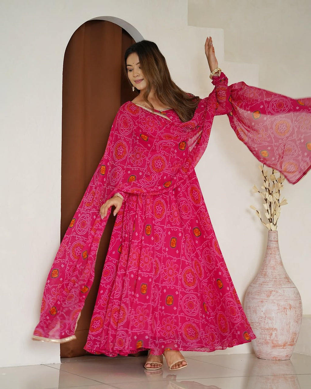 Shanvi Bandhej Chiffon Printed Flair Pink Anarkali Suit Set