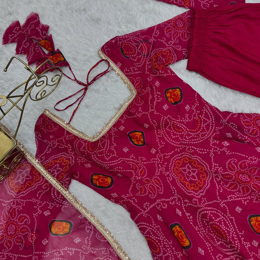 Shanvi Bandhej Chiffon Printed Flair Pink Anarkali Suit Set