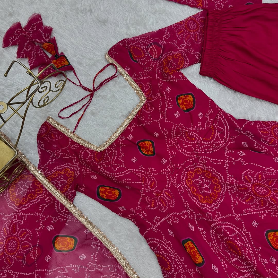 Shanvi Bandhej Chiffon Printed Flair Pink Anarkali Suit Set