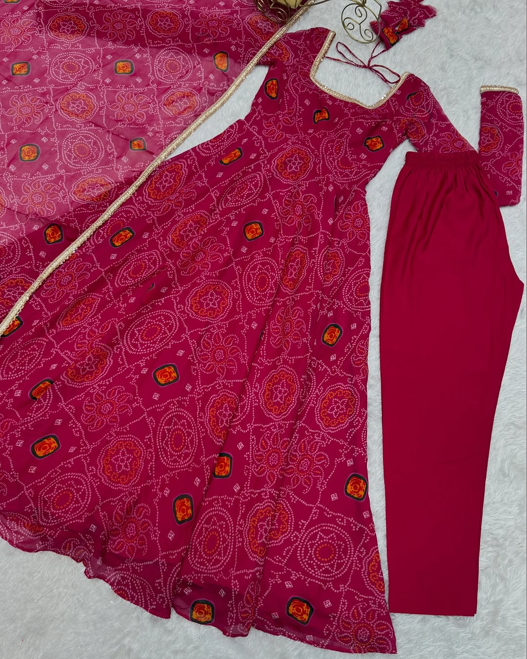 Shanvi Bandhej Chiffon Printed Flair Pink Anarkali Suit Set