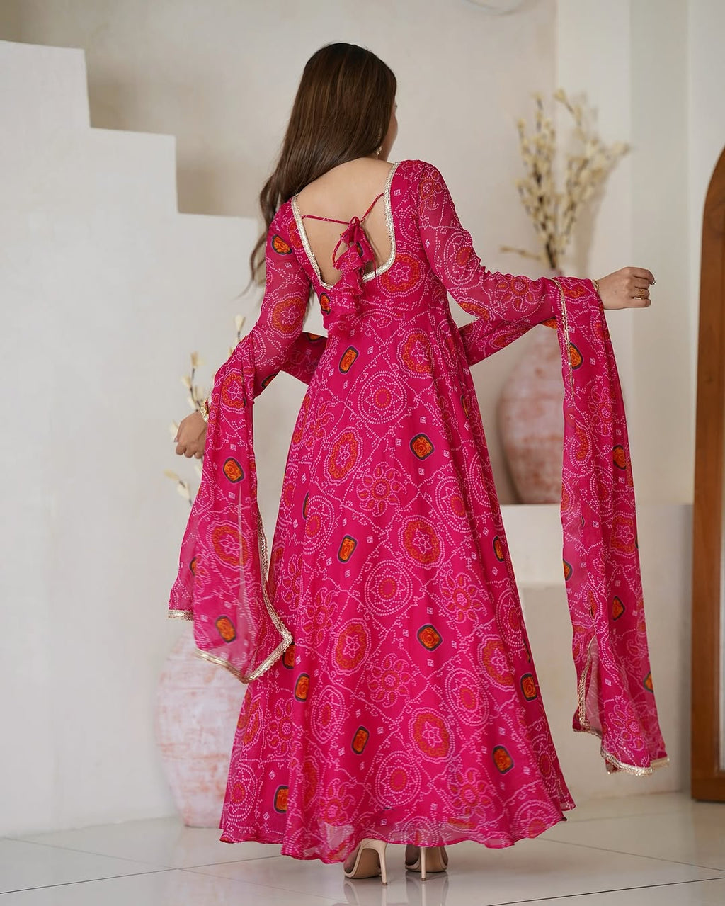 Shanvi Bandhej Chiffon Printed Flair Pink Anarkali Suit Set