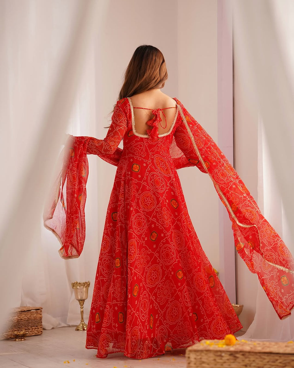 Shanvi bandhej chiffon printed flair red anarkali suit set