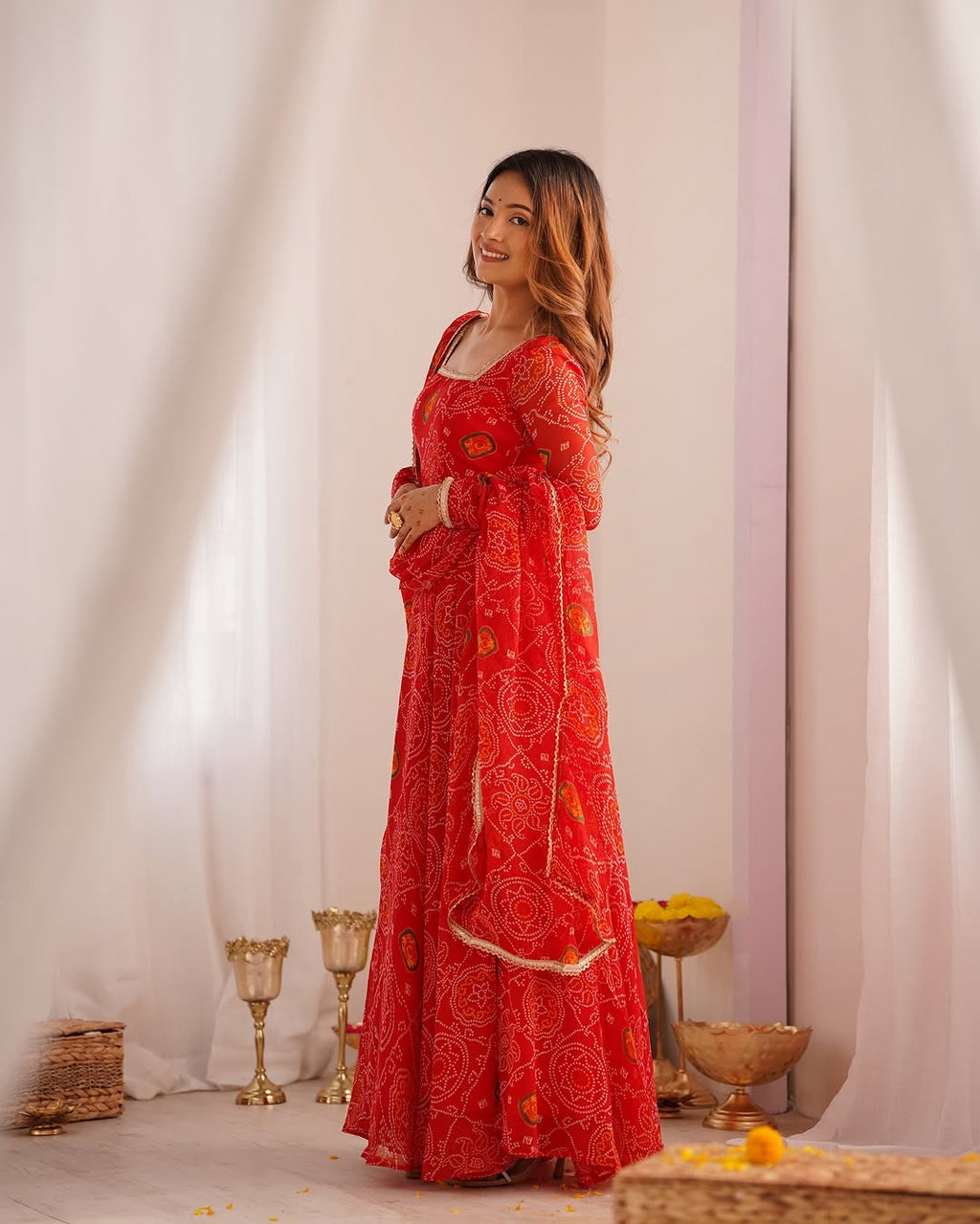 Shanvi bandhej chiffon printed flair red anarkali suit set