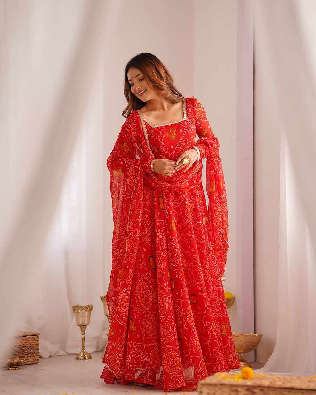 Shanvi bandhej chiffon printed flair red anarkali suit set