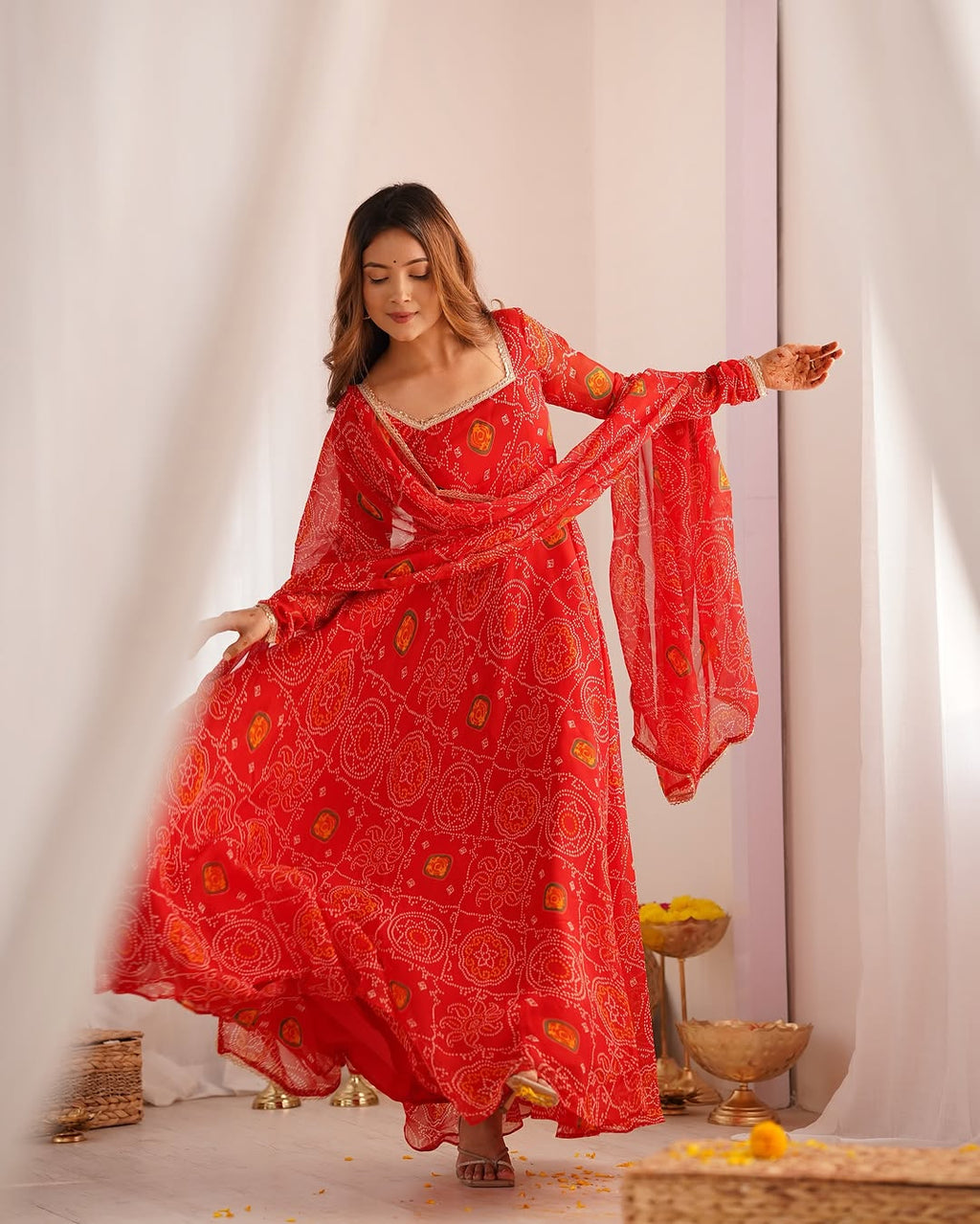Shanvi bandhej chiffon printed flair red anarkali suit set