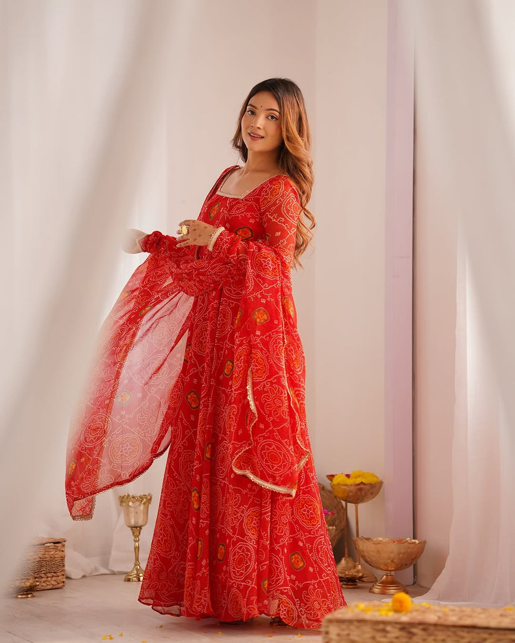 Shanvi bandhej chiffon printed flair red anarkali suit set