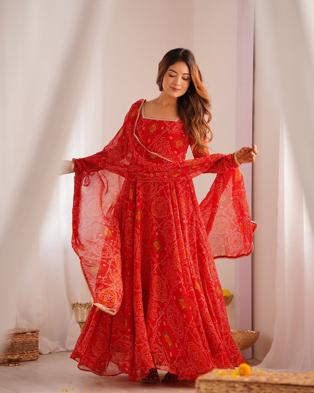 Shanvi bandhej chiffon printed flair red anarkali suit set