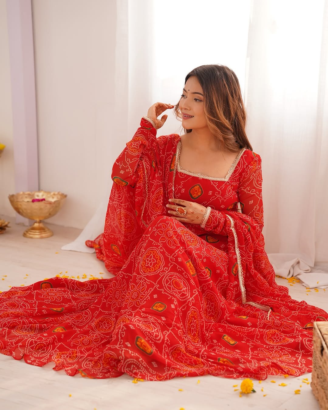 Shanvi bandhej chiffon printed flair red anarkali suit set