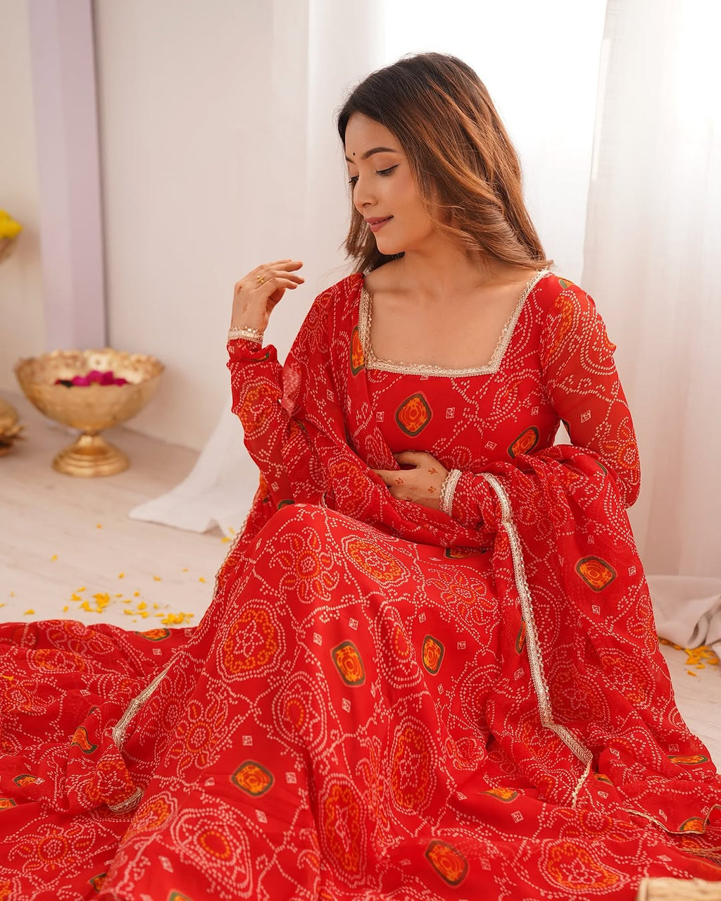 Shanvi bandhej chiffon printed flair red anarkali suit set
