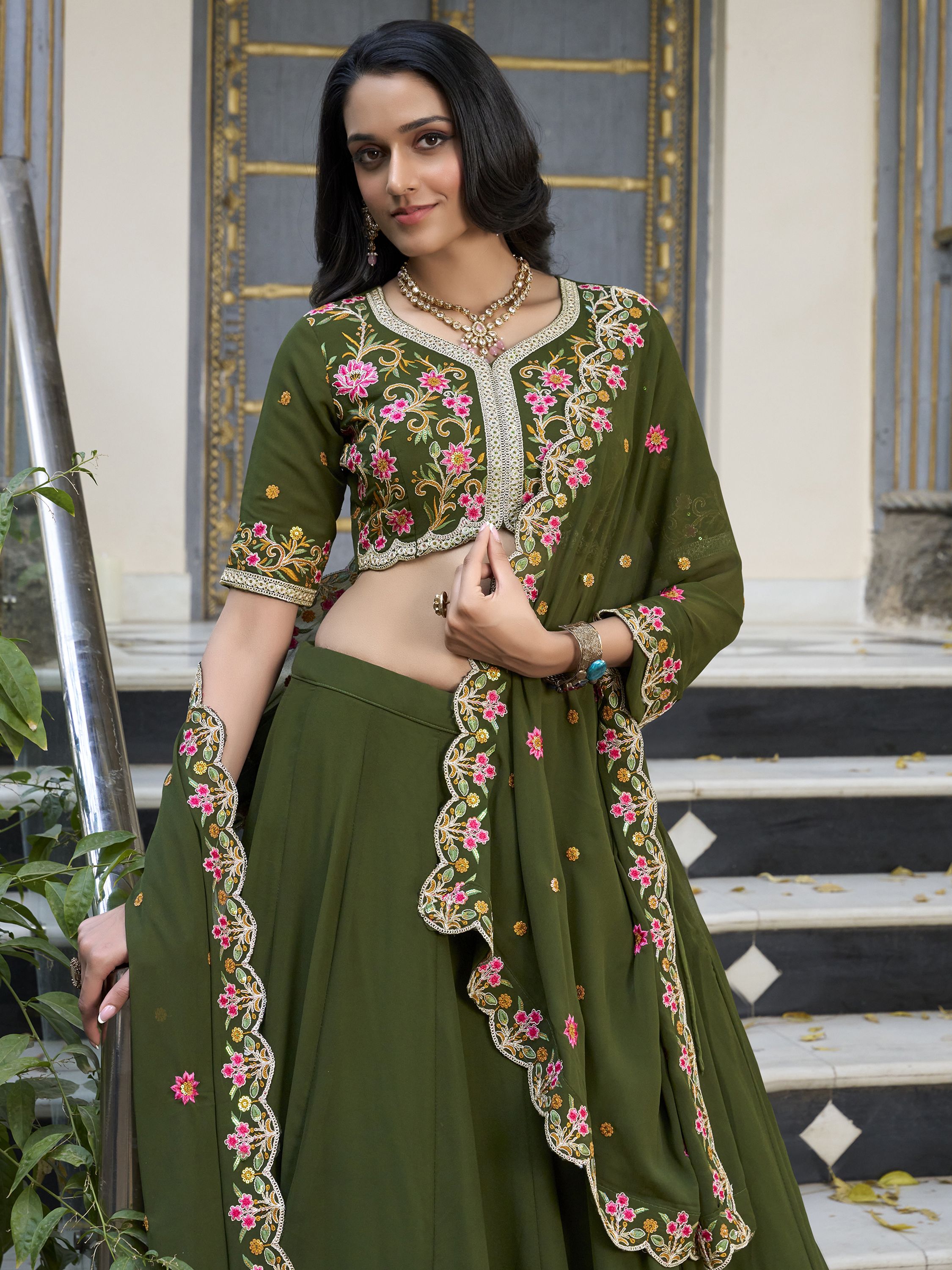 Sharvisha green georgette embroidered lehenga choli